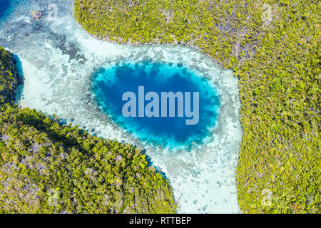 Luftaufnahme von einer einsamen Insel mit einem flachen Blue Hole, Raja Ampat Inseln, West Papua, Indonesien, Pazifischer Ozean Stockfoto