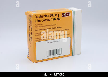 Quetiapin 300 mg Filmtabletten. Quetiapin, unter dem Handelsnamen Seroquel unter anderem verkauft, ist ein atypisches Antipsychotikum für die TREATMEN verwendet Stockfoto