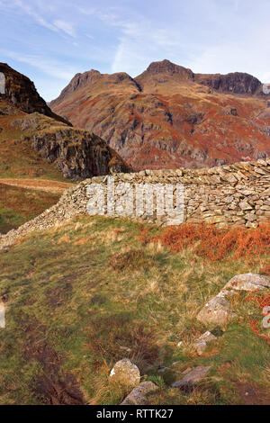 Dry Stone Wall und Langdale Pikes aus Lingmoor Fell, Langdale, Lake District, Cumbria, Großbritannien Stockfoto