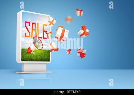 3D-Rendering von kleinen Billboard mit Megaphon, Red Ale' Zeichen und Geschenk Boxen heraus fliegen auf blauem Hintergrund Stockfoto