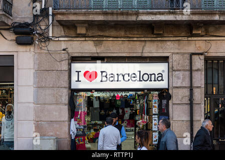 Barcelona Merchandise Store Einkaufsstraße entlang La Rambla in Barcelona, Spanien Stockfoto