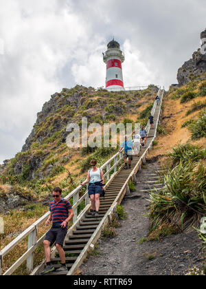 Cape Palliser Leuchtturm, hoch über mehrere Personen, zu Fuß lange Reihe von Schritten auf steilen Hang, Palliser Bay, Wairarapa, Neuseeland Stockfoto