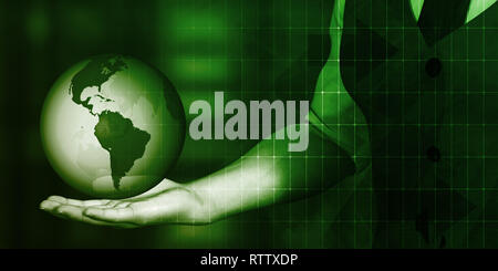 Futuristische Hintergrund mit Geschäftsmann und Weltkugel in Händen Stockfoto