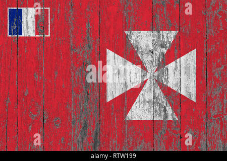 Flagge von Wallis und Futuna auf abgenutzte Holz- Textur Hintergrund gemalt. Stockfoto