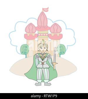 Lustige cartoon Prinz und das wunderschöne Schloss der Prinzessin Stock Vektor