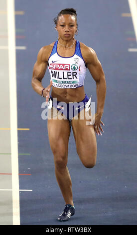 Großbritanniens Rachel Miller während 60 m Halbfinale der Frauen final 2 Hitze während der Tag Zwei der Europäischen Indoor Leichtathletik WM im Emirates Arena, Glasgow. Stockfoto