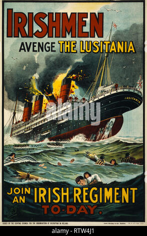 Irische Weltkrieg eine Rekrutierung Plakat Aufruf auf Iren die Versenkung der Lusitania Original ca. 1915 von John Shuley&Co Dublin Bild hergestellten digitalen Restaurierung und Retusche Techniken aktualisiert zu rächen. Stockfoto