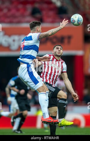 Griffin Park, London. 2. März 2019. Neal von Brentford Maupay rzduring der EFL Sky Bet Championship Match zwischen Brentford und Queens Park Rangers bei Griffin Park, London, England am 2. März 2019. Foto von salvio Calabrese. Nur die redaktionelle Nutzung, eine Lizenz für die gewerbliche Nutzung erforderlich. Keine Verwendung in Wetten, Spiele oder einer einzelnen Verein/Liga/player Publikationen. Stockfoto