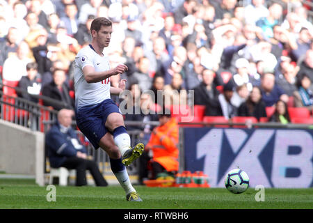 London, Großbritannien. 2. März 2019. Jan Vertonghen von Tottenham Hotspur in Aktion. EPL Premier League match, Tottenham Hotspur v Arsenal im Wembley Stadion in London am Samstag, den 2. März 2019. Dieses Bild dürfen nur für redaktionelle Zwecke verwendet werden. Nur die redaktionelle Nutzung, eine Lizenz für die gewerbliche Nutzung erforderlich. Keine Verwendung in Wetten, Spiele oder einer einzelnen Verein/Liga/player Publikationen. pic von Steffan Bowen/Andrew Orchard sport Fotografie/Alamy leben Nachrichten Stockfoto