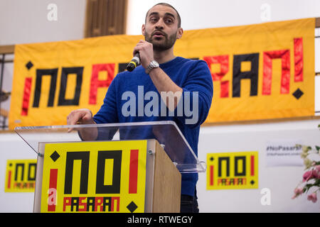 London, Großbritannien. 2. März, 2019. Rapper Lowkey Adressen die ¡No Pasaran! Die Aufarbeitung der Aufstieg der Far-Right Konferenz an Bloomsbury Central. Credit: Mark Kerrison/Alamy leben Nachrichten Stockfoto