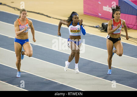 Glasgow, UK. 02 Mär, 2019. Glasgow, Schottland - März 2: Während die letzten 60 m der Frauen an Tag 2 der Europäischen Indoor Leichtathletik WM im Emirates Stadion in Glasgow, Schottland. (Quelle: Scottish Borders, Medien/Alamy leben Nachrichten Stockfoto