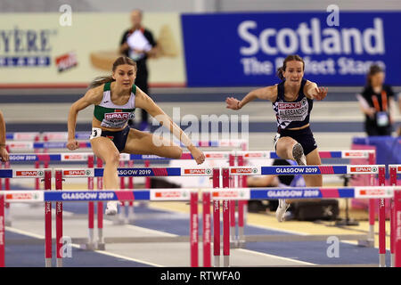 Elvira Herman von Belarus und Sacha Alessandrini von Frankreich 60 m Hürden Runde 1 Hitze 1 Während des Europäischen Leichtathletik Indoor Championships 2019 in Glasgow am 2. März 2019 im Emirates Stadion in Glasgow, Schottland - Foto Laurent Lairys/DPPI Stockfoto