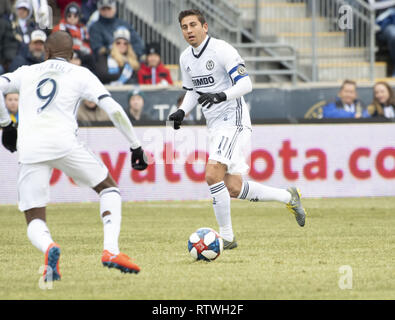 Chester, Pennsylvania, USA. 2 Mär, 2019. Der Philadelphia Union ALEJANDRO BEDOYA (11), FAFA PICAULT (9) in Aktion bei Talen Energie Stadion in Chester, Pennsylvania Credit: Ricky Fitchett/ZUMA Draht/Alamy leben Nachrichten Stockfoto