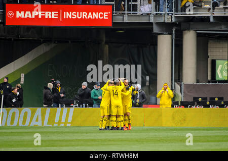 Samstag, März 02, 2019: Columbus Crew SC feiert defender Gaston Sauro (22) Ziel in der ersten Hälfte der Partie zwischen New York Red Bulls und Columbus Crew SC in den Saisonauftakt in MAPFRE Stadium, in Columbus, OH. Pflichtfeld Foto: Dorn Byg/Cal Sport Media. Columbus Crew SC 1 - New York Red Bulls 1. Stockfoto