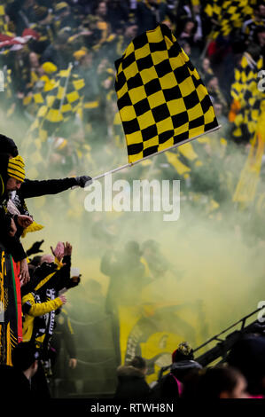 Samstag, März 02, 2019: Columbus Crew SC-Fans in der ersten Hälfte der Partie zwischen New York Red Bulls und Columbus Crew SC in den Saisonauftakt in MAPFRE Stadium, in Columbus, OH. Pflichtfeld Foto: Dorn Byg/Cal Sport Media. Columbus Crew SC 1 - New York Red Bulls 1. Stockfoto