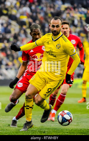 Samstag, März 02, 2019: Columbus Crew SC vorwärts Justin Meram (9) in der zweiten Hälfte der Partie zwischen New York Red Bulls und Columbus Crew SC in den Saisonauftakt in MAPFRE Stadium, in Columbus, OH. Pflichtfeld Foto: Dorn Byg/Cal Sport Media. Columbus Crew SC 1 - New York Red Bulls 1. Stockfoto