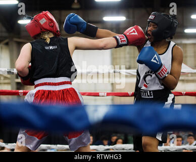 März 2, 2019: Cleopatria Verwalter von Cincinnati (rechts) und Kensley Dunagan der Ohio State (links) Kampf in der Amateur Boxing Wettbewerb an der Arnold Sports Festival in Columbus, Ohio, USA. Brent Clark/Alamy leben Nachrichten Stockfoto