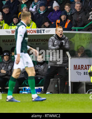 Edinburgh, Schottland, Großbritannien. 02. März, 2019. Scottish Cup Viertelfinale - Hibernian v Celtic, Edinburgh, Midlothian, Großbritannien. 02 Mär, 2019. Bild zeigt: Keltischer Manager, Neil Lennon, schreit Ermutigung zu seinen Spielern wie Hibs Host zu Celtic im Viertelfinale des Scottish Cup spielen bei Easter Road Stadium, Edinburgh Credit: Alamy/Ian Jacobs Credit: Ian Jacobs/Alamy leben Nachrichten Stockfoto