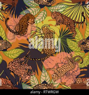 Nahtlose Muster von Hand gezeichnete Skizze stil Leoparden und tropischen Pflanzen. Vector Illustration. Stock Vektor