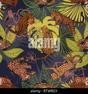 Nahtlose Muster von Hand gezeichnete Skizze stil Leoparden und tropischen Pflanzen. Vector Illustration. Stock Vektor