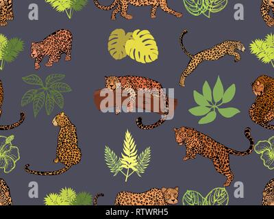 Nahtlose Muster von Hand gezeichnete Skizze stil Leoparden und tropischen Pflanzen. Vector Illustration. Stock Vektor