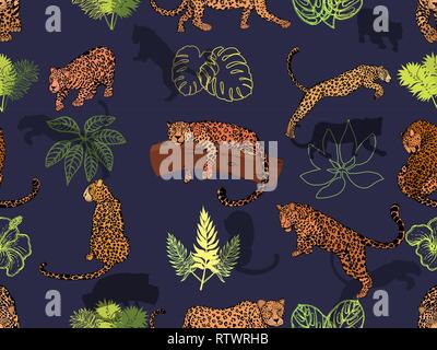 Nahtlose Muster von Hand gezeichnete Skizze stil Leoparden und tropischen Pflanzen. Vector Illustration. Stock Vektor