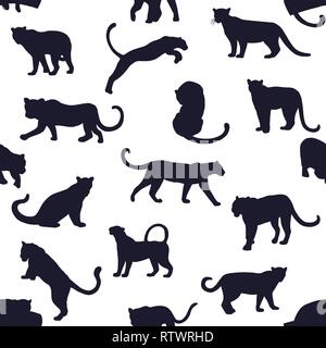 Nahtlose Muster von Hand gezeichnete Skizze Silhouetten der Leoparden auf weißem Hintergrund. Vector Illustration. Stock Vektor