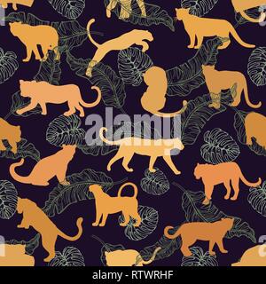 Nahtlose Muster von Hand gezeichnete Skizze Silhouetten von Leoparden. Vector Illustration. Stock Vektor