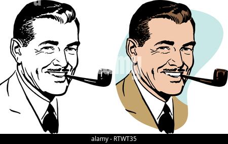 Ein lächelnder Mann mit einem Schnurrbart Rauchen einer Pfeife. Stock Vektor