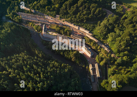 Luftbild übersicht Weltkulturerbe New Lanark in South Lanarkshire, Schottland. Stockfoto