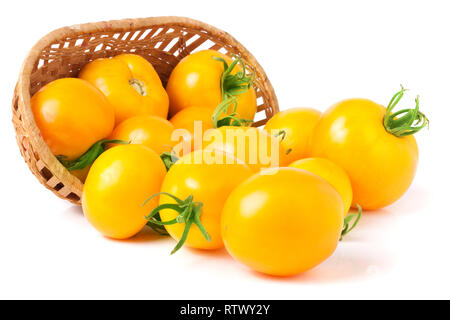 Gelbe Tomaten verschüttete aus einem Weidenkorb auf weißem Hintergrund Stockfoto