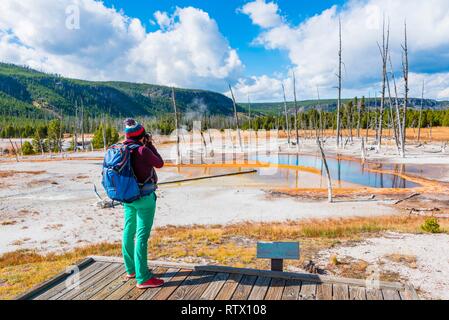 Junge Frau fotografiert, tote Bäume in Opalisierenden Pool mit mineralischen Ablagerungen, schwarzer Sand Basin, Yellowstone National Park Stockfoto