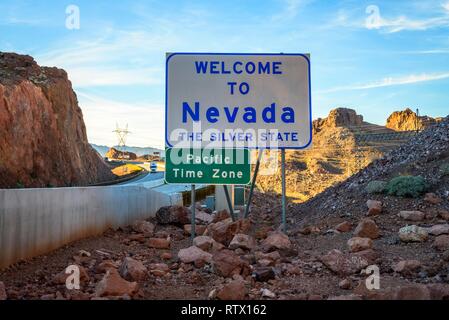 Anmelden Willkommen in Nevada, Silber State, Willkommen in Nevada, Hoover-Dam, Boulder City, Nevada, USA Stockfoto