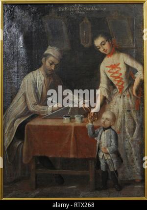 Título: castas. De español y Morisca, Albino. Pintura al óleo. Autor: Andrés de Islas (Siglo XVIII). 1774. Género: "pintura de Castas". Virreinato de Nueva España. Escuela Mexicana, México. Museo de América. Madrid. Stockfoto