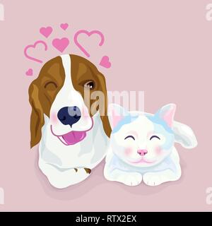 Süße beagle Hund Hug eine Katze, sowohl Express schüchtern Emotion, schöne Freund Schiff, cartoon Vector Illustration auf rosa Hintergrund. Stock Vektor