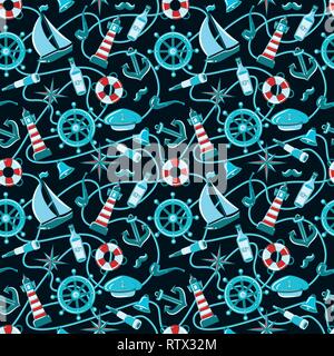 Sailor Muster. Nahtlose Muster von einem Piratenschiff und Attribute. Handgezeichnete Abbildung Stock Vektor