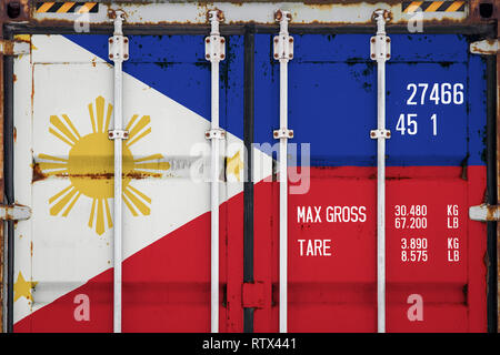 Nahaufnahme der Container mit der nationalen Flagge der Philippinen. Das Konzept der Philippinen export-import und die Lieferung von Waren. Stockfoto