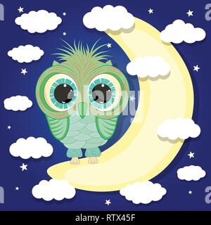 Cute Eule sitzen auf dem Mond cartoon Vector Illustration Stock Vektor