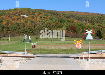 Bahngleise überqueren gepflasterte Straße mit Stop und Warnung Verkehrszeichen mit Gras und bunten Wald auf klaren, blauen Himmel Hintergrund umgeben Stockfoto