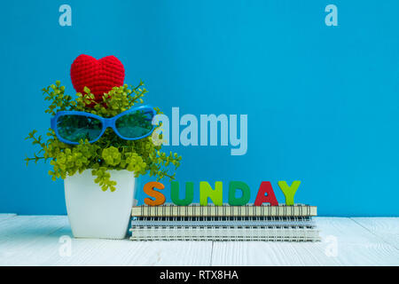 Sonntag Buchstaben text und Notebook Papier und wenig Deko Baum in weiße Vase auf hölzernen Hintergrund, hallo Sonntag Wochenende Konzept Idee. Stockfoto