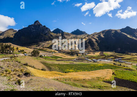 Andengemeinschaft landwirtschaftliche Fläche in der Provinz Cotopaxi, Zumbahua. Kulturen zwischen Bergen und Felsen Stockfoto