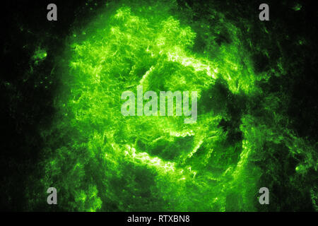 Grün leuchtende Flamme mit hoher Energie im Raum, Computer-generierte Zusammenfassung Hintergrund, 3D-Rendering Stockfoto