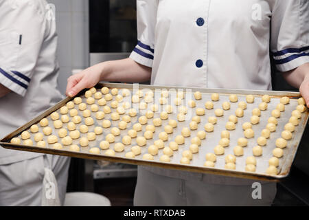 Сloseup eines Konditor in Uniform bei einem Restaurant professionelle Küche mit einem Backblech mit kleinen runden sand Cookies auf Backpapier. Anhand von quantitativen Simulatio Stockfoto