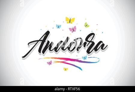 Andorra handschriftliche Wort Text mit Schmetterlingen und bunten Swoosh Vector Illustration Design. Stock Vektor