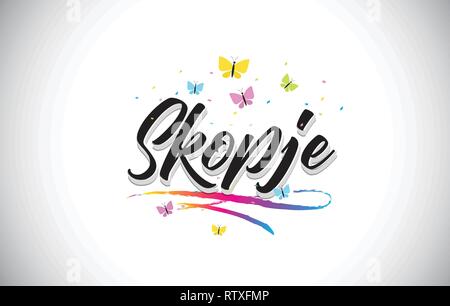 Skopje handschriftliche Wort Text mit Schmetterlingen und bunten Swoosh Vector Illustration Design. Stock Vektor