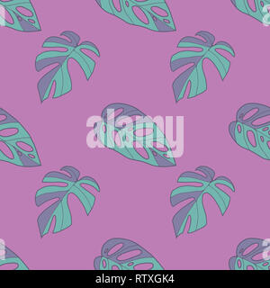 Neon hell grafische Darstellung nahtlose Muster mit Teal und lila Monstera deliciosa windowleaf Pflanze Blätter auf violette Hintergrund Stockfoto