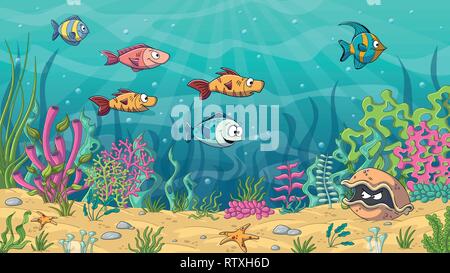 Unterwasser cartoon Landschaft mit Fischen und Pflanzen Stock Vektor