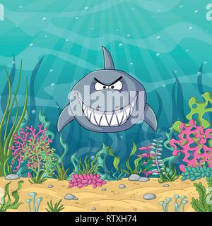 Cartoon shark mit unterwater Landschaft mit Pflanzen Stock Vektor