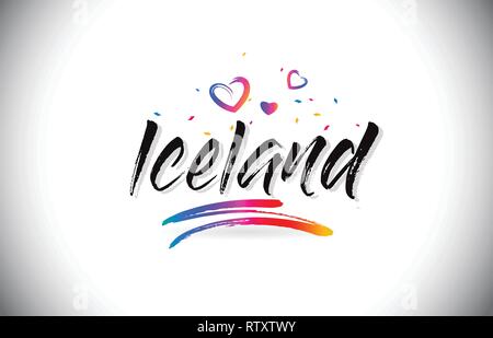 Island Willkommen bei Wort Text mit Liebe Herzen und Kreative handschriftlichen Font Design Vector Illustration. Stock Vektor