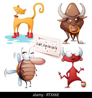 Katze, Bull, Kakerlake, Devil-set Tiere Stock Vektor